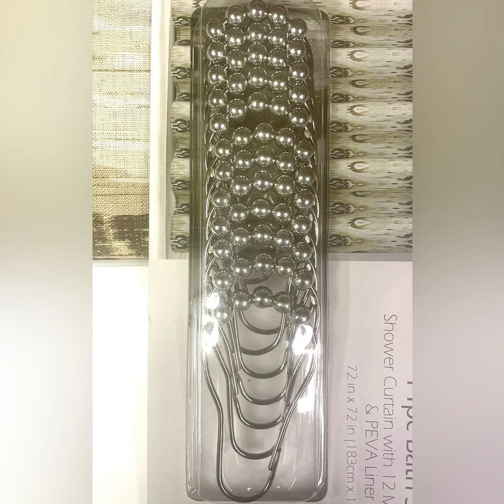 14-pc Shower Curtain Bath Set IKAT DROPS Tan Brown Liner Curtain Hooks NEW NWT